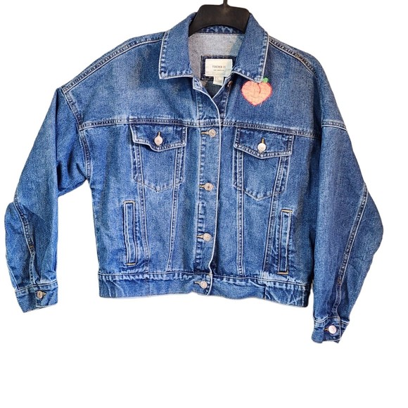 Forever 21 Denim Jean Jacket Embroidered Peach Festival Boho Mod Size S - Picture 1 of 9